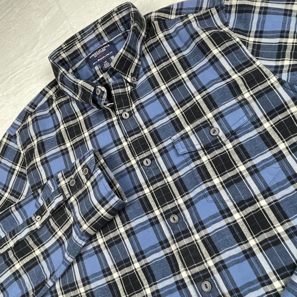 American Eagle Mens Slim Fit Plaid Button Down Shirt Blue Black Lg 100% Cotton